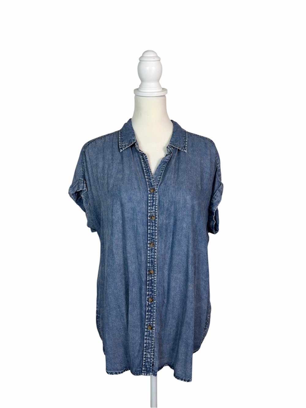 Jane + Delancey Chambray Button Front Shirt Lyocell Denim Look Roll Tab Sleeve